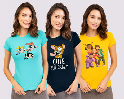 URB Printed Women Round Neck Light Blue, Navy Blue, Yellow T-Shirt