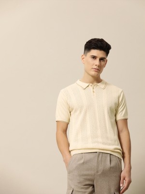 Mr Bowerbird Self Design Men Polo Neck Beige T-Shirt