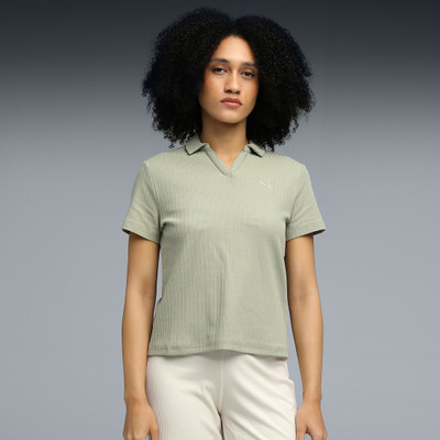 PUMA Solid Women Polo Neck Green T-Shirt