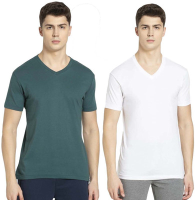 JOCKEY Solid Men V Neck Green, White T-Shirt