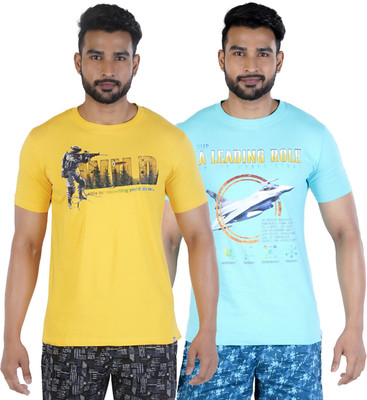 COLORS by Rupa Frontline Graphic Print Men Round Neck Yellow, Light Blue T-Shirt