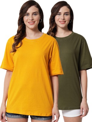 FUNDAY FASHION Solid Women Round Neck Dark Green, Yellow T-Shirt