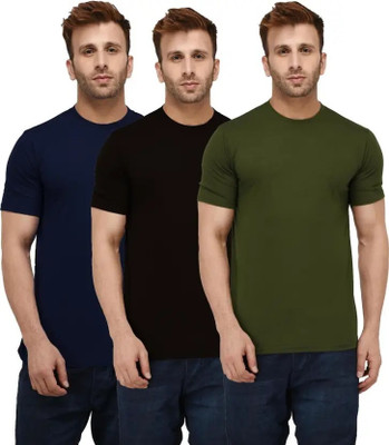 Brainbees Solid Men Round Neck Dark Blue, Black, Green T-Shirt