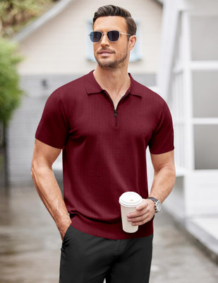 trueoath Self Design Men Polo Neck Maroon T-Shirt