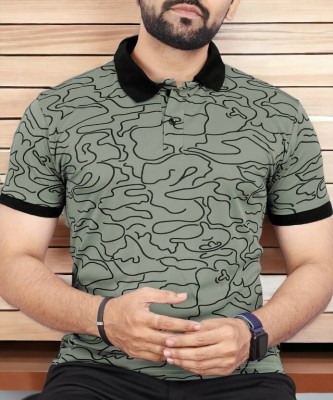 BRIGHT KRAFT Printed Men Polo Neck Dark Green T-Shirt