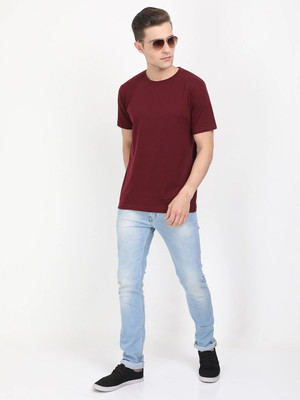 OrrganicChics Solid Men Round Neck Maroon T-Shirt