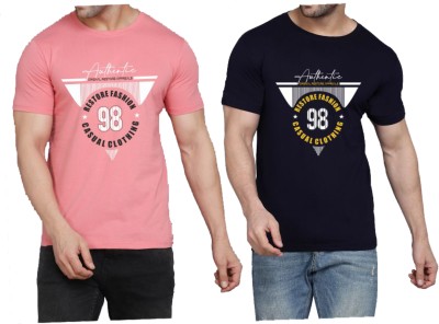 WOOSTRO Printed Men Round Neck Pink, Dark Blue T-Shirt