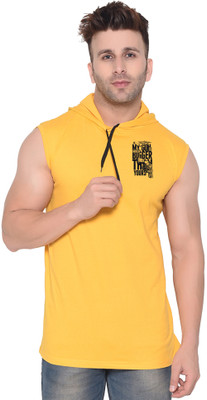 Blisstone Solid Men Hooded Neck Yellow T-Shirt