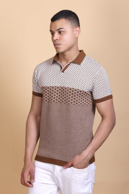 DZANT Checkered Men Polo Neck Brown T-Shirt