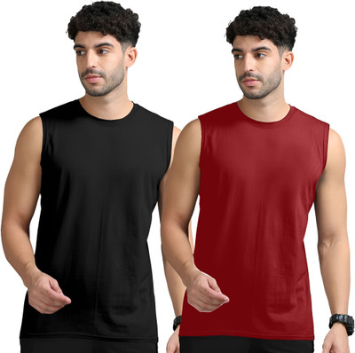 JB Jangoboy Solid Men Round Neck Black, Maroon T-Shirt