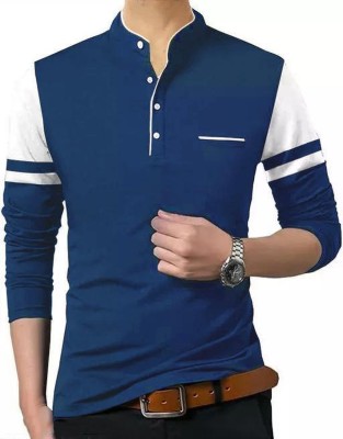 PSDESIGN Colorblock Men Mandarin Collar Navy Blue T-Shirt