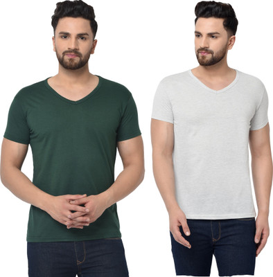Tresna Fab Solid Men V Neck Dark Green, Grey T-Shirt