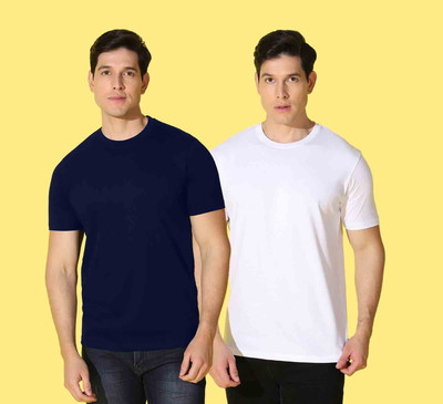 WOOSTRO Solid, Typography Men Round Neck Blue, White T-Shirt