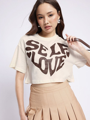 Glitchez Printed Women Round Neck Beige T-Shirt