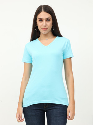Fleximaa Solid Women Polo Neck Blue T-Shirt
