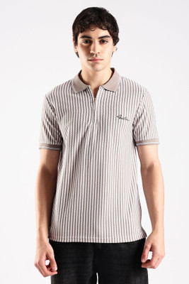 LONDON COLORS Striped Men Polo Neck Brown T-Shirt