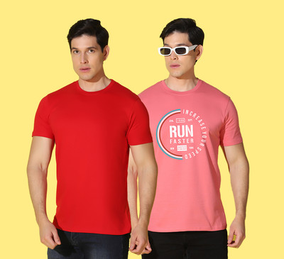 WOOSTRO Graphic Print, Solid Men Round Neck Pink, Red T-Shirt
