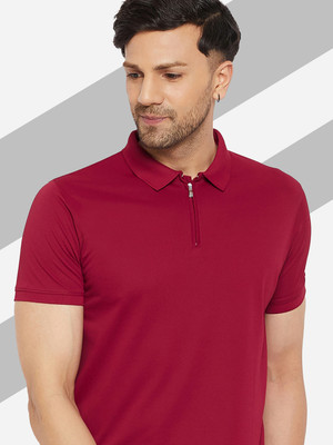 98 Degree North Solid Men Polo Neck Maroon T-Shirt