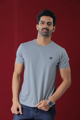LEAFCARE Self Design Men Round Neck Grey T-Shirt
