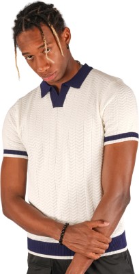 BotaBochi Self Design Men Polo Neck White, Blue T-Shirt