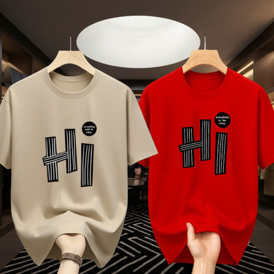 Madilyn Typography Men Round Neck Beige, Red T-Shirt