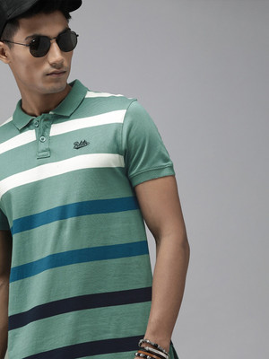 Roadster Striped Men Polo Neck Green T-Shirt