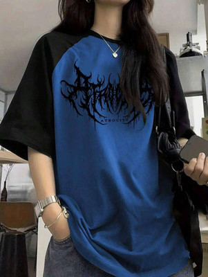 SIXTEENLINES Printed, Solid Women Round Neck Reversible Blue T-Shirt