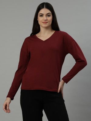 UnaOne Solid Women V Neck Maroon T-Shirt