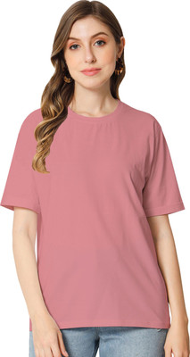 HouseOfCommon Solid Women Round Neck Pink T-Shirt