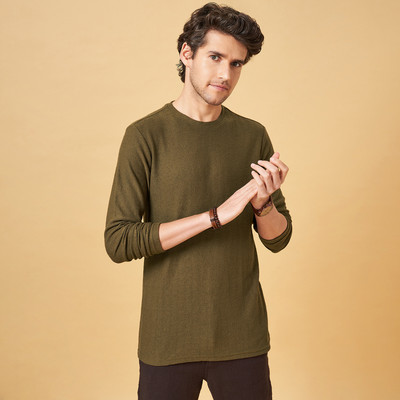 7 Alt by Pantaloons Solid Men Round Neck Green T-Shirt