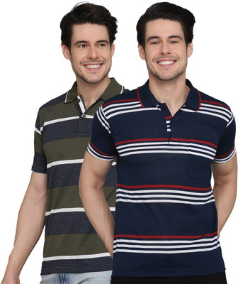 INKKR Striped Men Polo Neck Multicolor T-Shirt