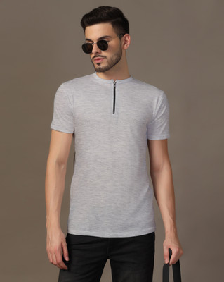 GEUM Solid Men Henley Neck Silver T-Shirt
