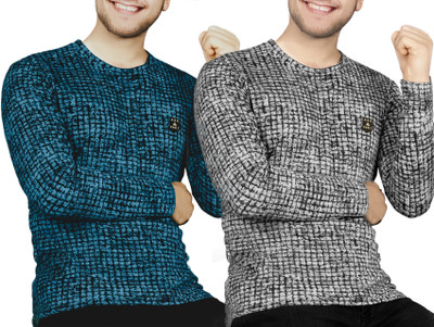 AVOLT Printed Men Round Neck Dark Blue, White T-Shirt