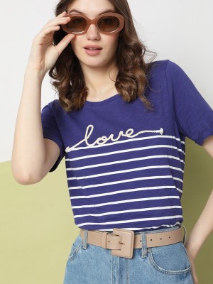 VERO MODA Striped Women Round Neck Blue T-Shirt