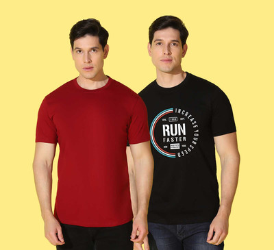 WOOSTRO Solid Men Round Neck Black, Maroon T-Shirt