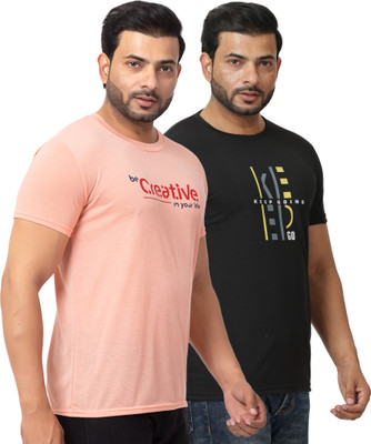 BUFFARO Printed Men Round Neck Pink, Black T-Shirt