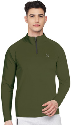 FTX Solid Men Zip Neck Dark Green T-Shirt