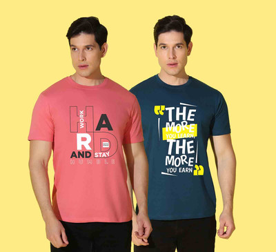 WOOSTRO Printed Men Round Neck Pink, Blue T-Shirt