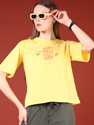 V-MART Printed Women Round Neck Yellow T-Shirt