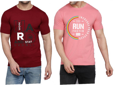 WOOSTRO Printed Men Round Neck Maroon, Pink T-Shirt