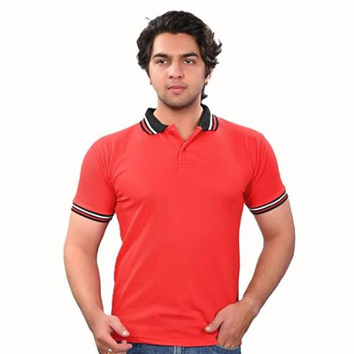 neoCardin Solid, Striped Men Polo Neck Red T-Shirt