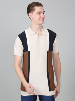 CANTABIL Striped Men Polo Neck Beige T-Shirt