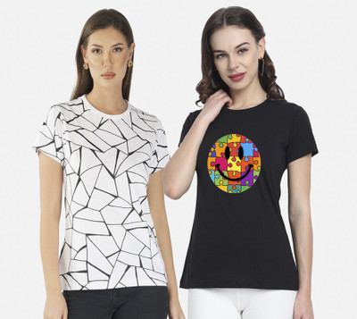 METRONAUT Printed Women Round Neck White, Black T-Shirt