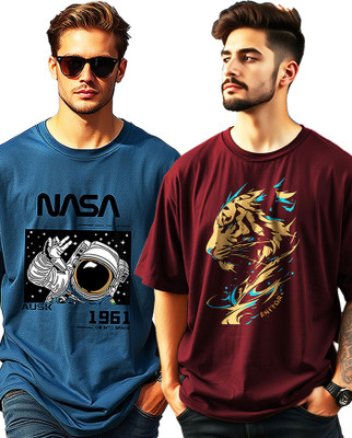 AUSK Printed Men Round Neck Maroon, Dark Blue T-Shirt