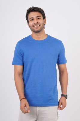 Hopping Deer on Redline Solid Men Crew Neck Blue T-Shirt