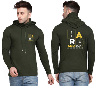 WOOSTRO Printed Men Hooded Neck Dark Green T-Shirt