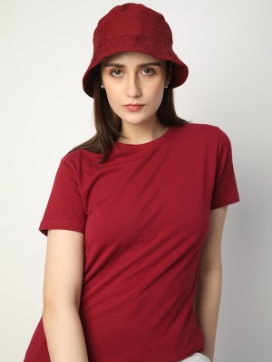 R&B Solid Women Round Neck Maroon T-Shirt