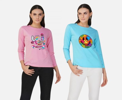 CHOZI Printed Women Round Neck Pink, Light Blue T-Shirt