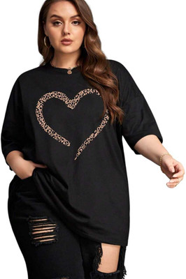 V-Mens Printed Women Round Neck Black T-Shirt