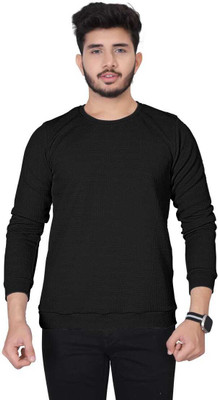Leweet Self Design Men Round Neck Black T-Shirt